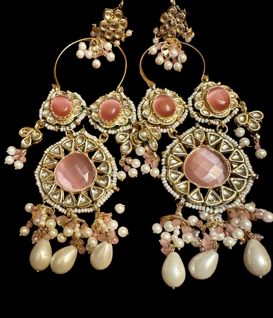 Pink kundan long earrings