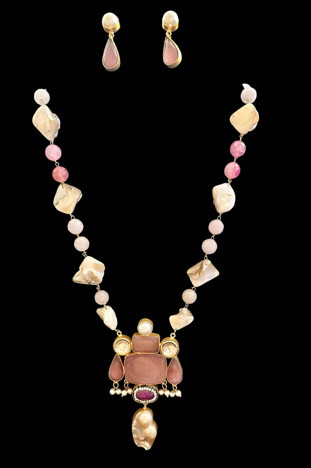 Pink agate stone necklace my n set