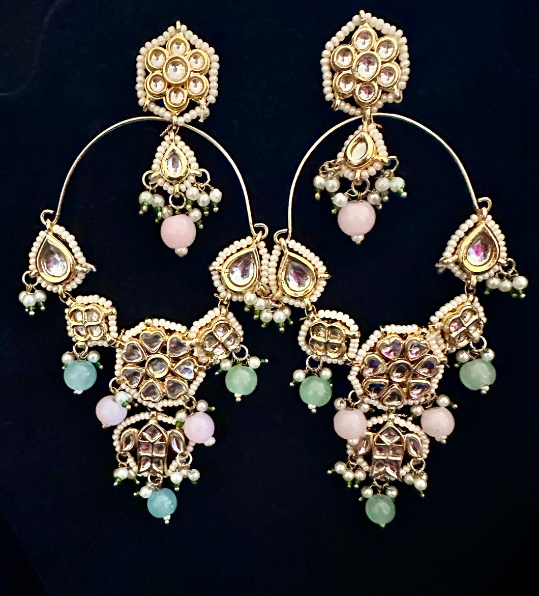 Pink/blue kundan earrings