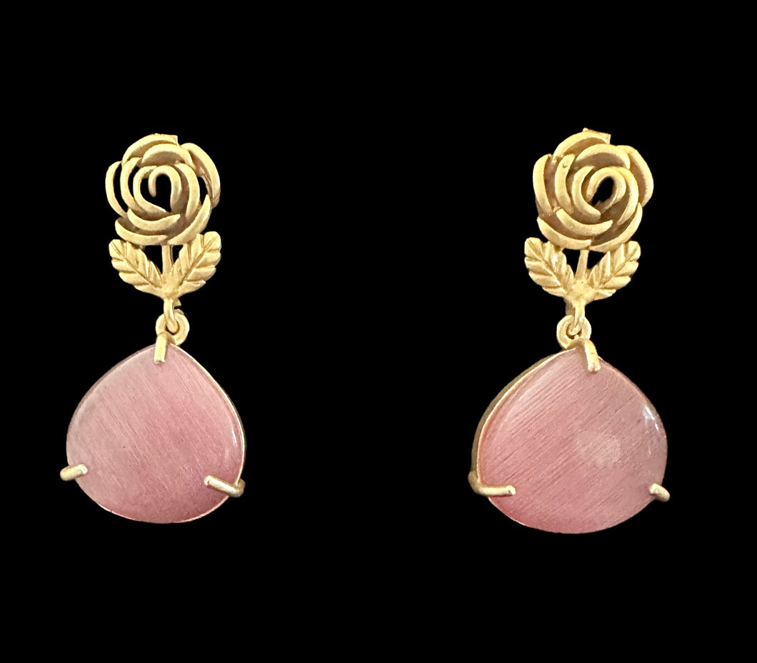 Pink stone rose earrings