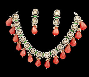 Orangish red kundan necklace set