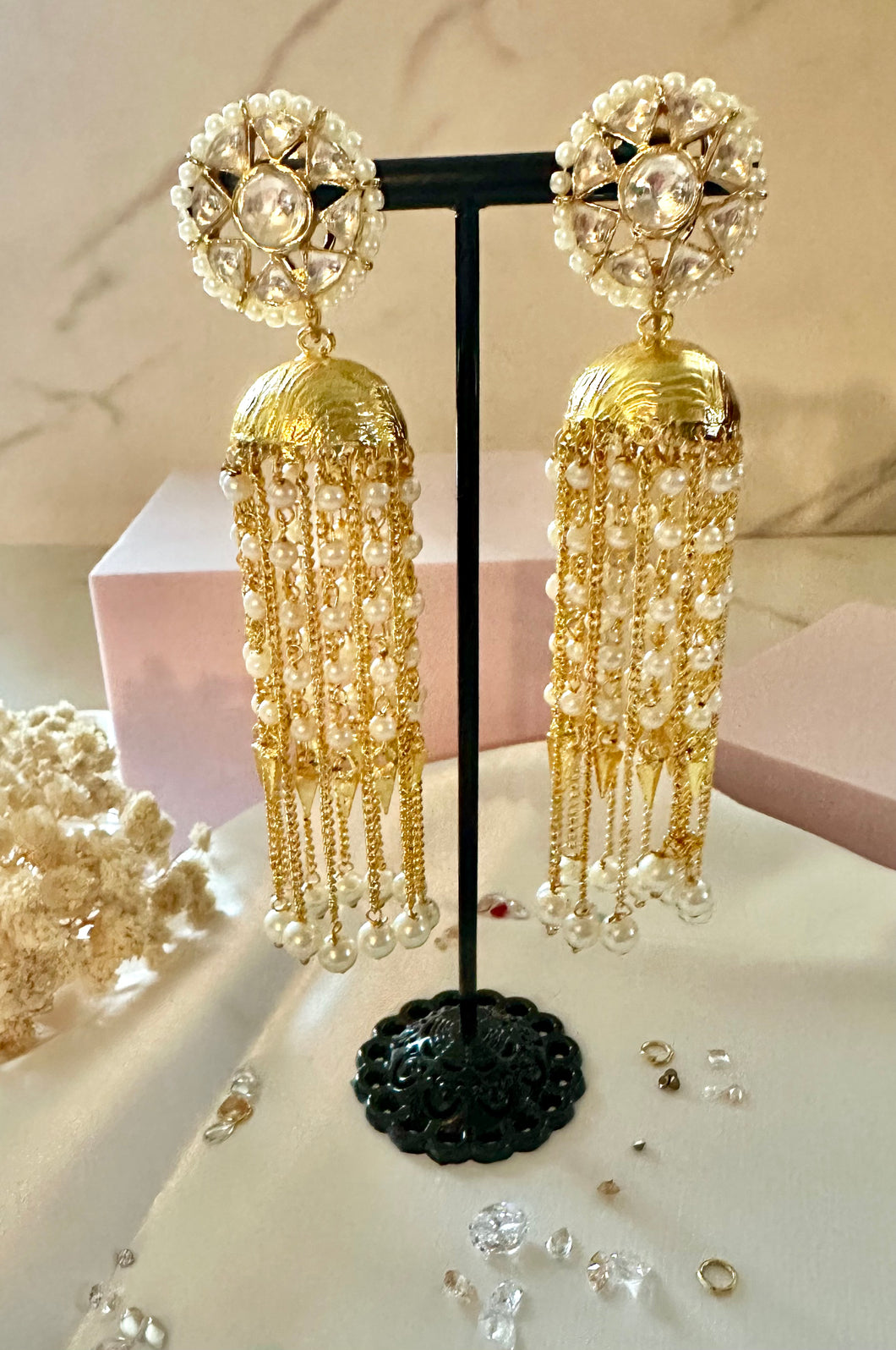 Gold/pearl tassels earrings