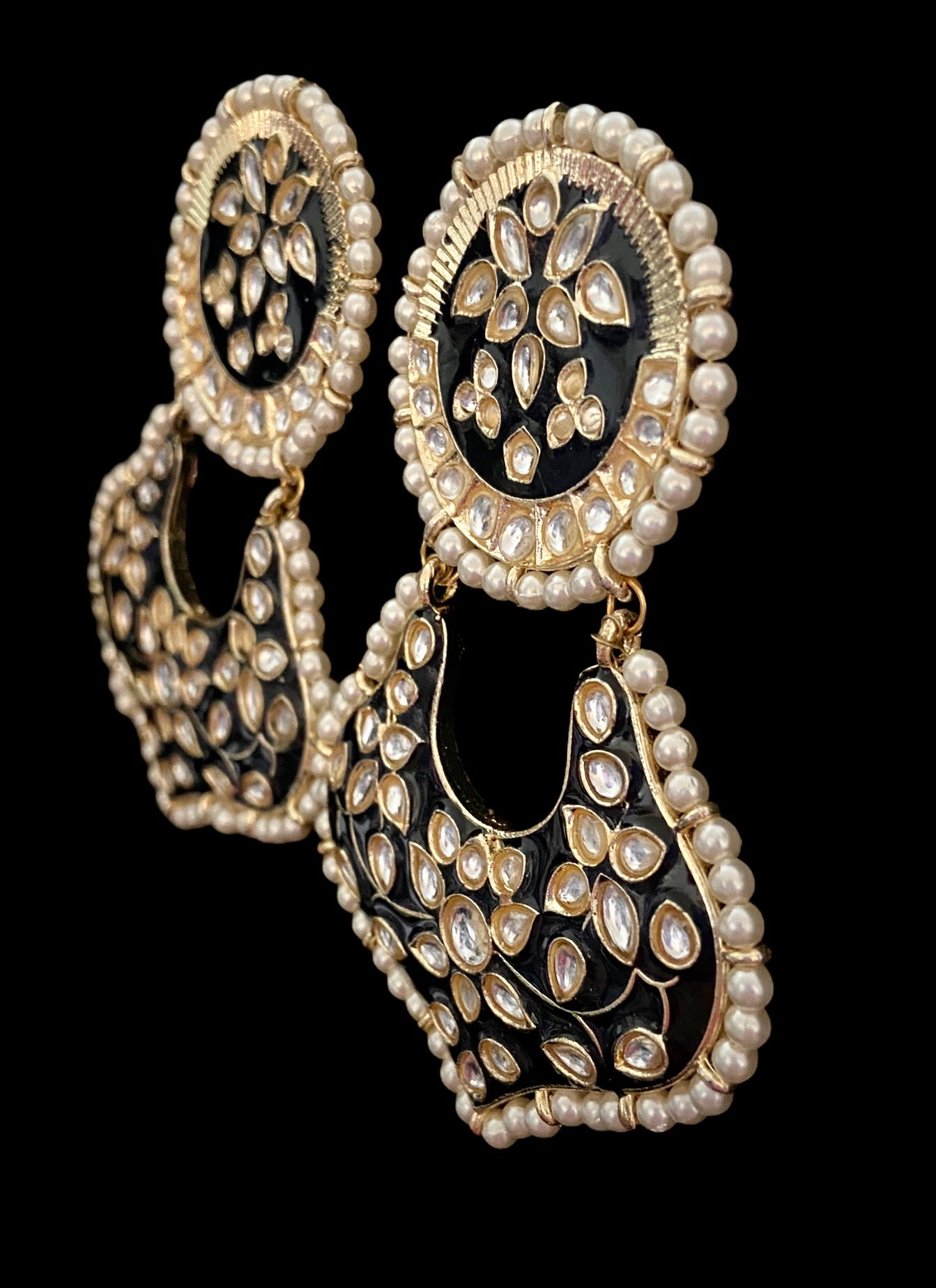Black & Gold-Plated Crescent Shaped Kundan Jhumkas Earrings – Panash  Accessories