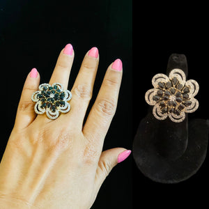 Black floral diamanté adjustable ring