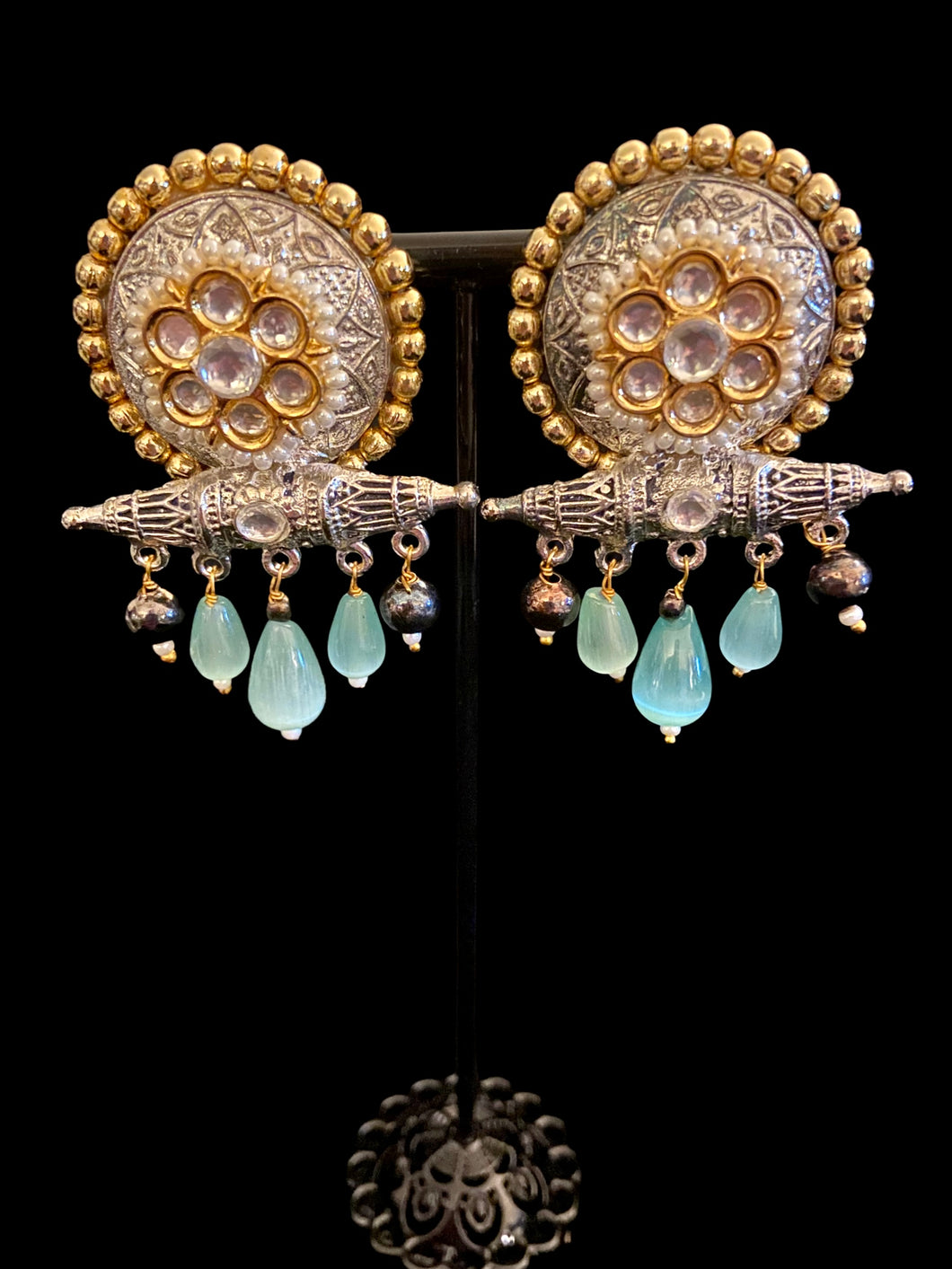 Aqua blue kundan earrings